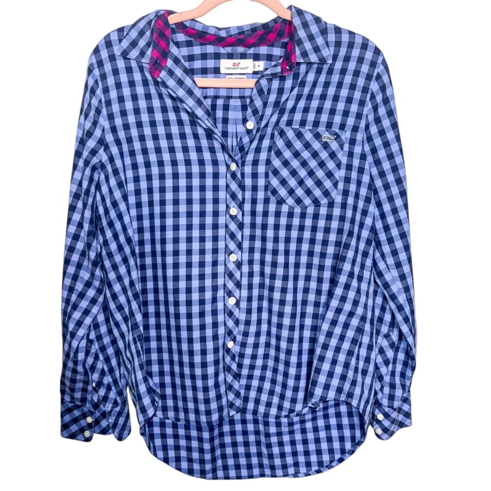 Vineyard Vines Blue Checkered Button Down Shirt. Cotton/Cashmere blend. Size 8.